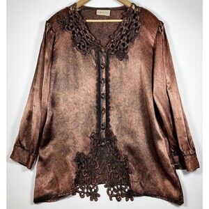 Embroidered Lace-Trim Brown Blouse